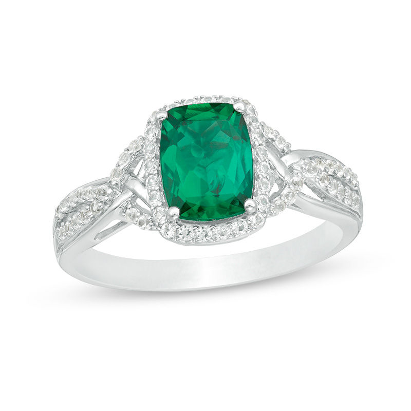 Cushion-Cut Lab-Created Emerald and White Sapphire Frame Braided Shank Ring in Sterling Silver