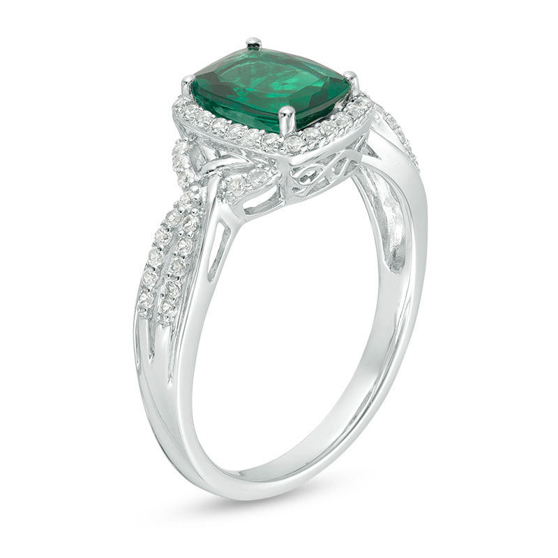 Cushion-Cut Lab-Created Emerald and White Sapphire Frame Braided Shank Ring in Sterling Silver