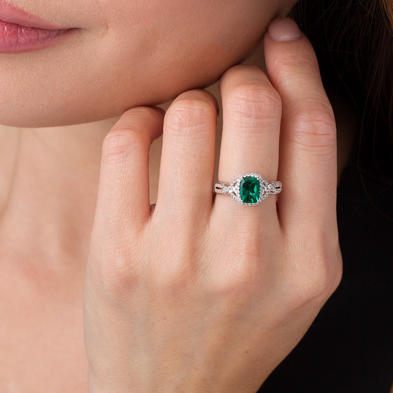 Cushion-Cut Lab-Created Emerald and White Sapphire Frame Braided Shank Ring in Sterling Silver