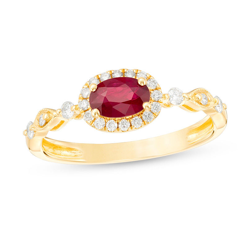 Main Image 1 of Oval Ruby and 1/6 CT. T.W. Diamond Frame Vintage-Style Ring in 10K Gold