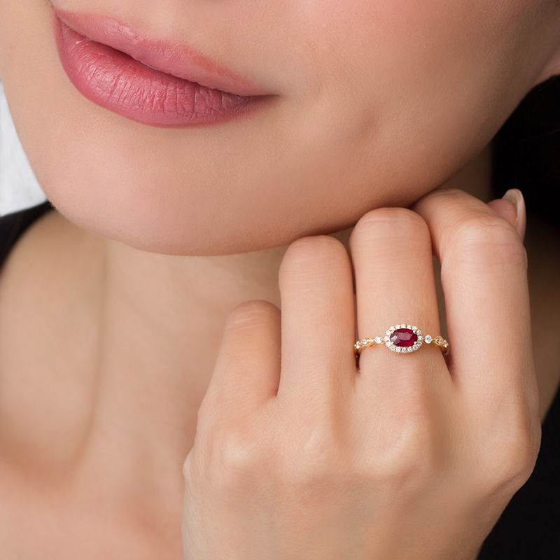 Main Image 3 of Oval Ruby and 1/6 CT. T.W. Diamond Frame Vintage-Style Ring in 10K Gold