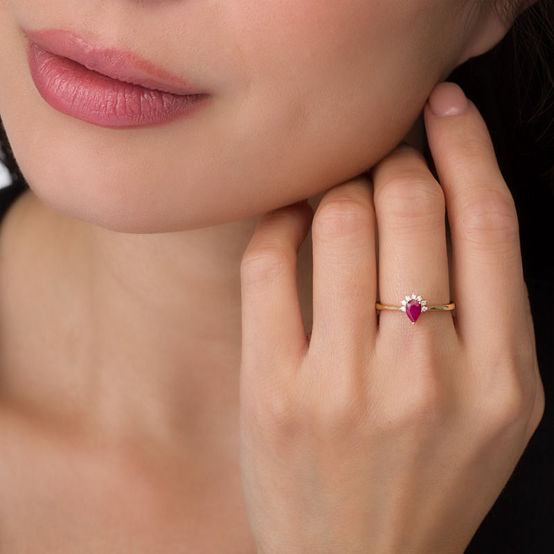 Main Image 3 of Pear-Shaped Ruby and Diamond Accent Ring in 10K Gold