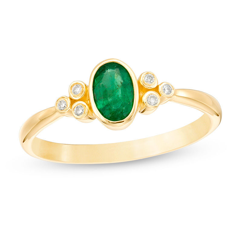 Main Image 1 of Oval Bezel-Set Emerald and Diamond Accent Tri-Sides Ring in 10K Gold