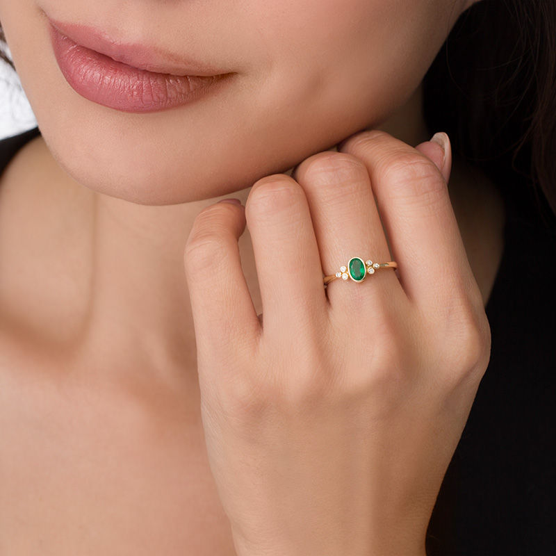 Main Image 3 of Oval Bezel-Set Emerald and Diamond Accent Tri-Sides Ring in 10K Gold