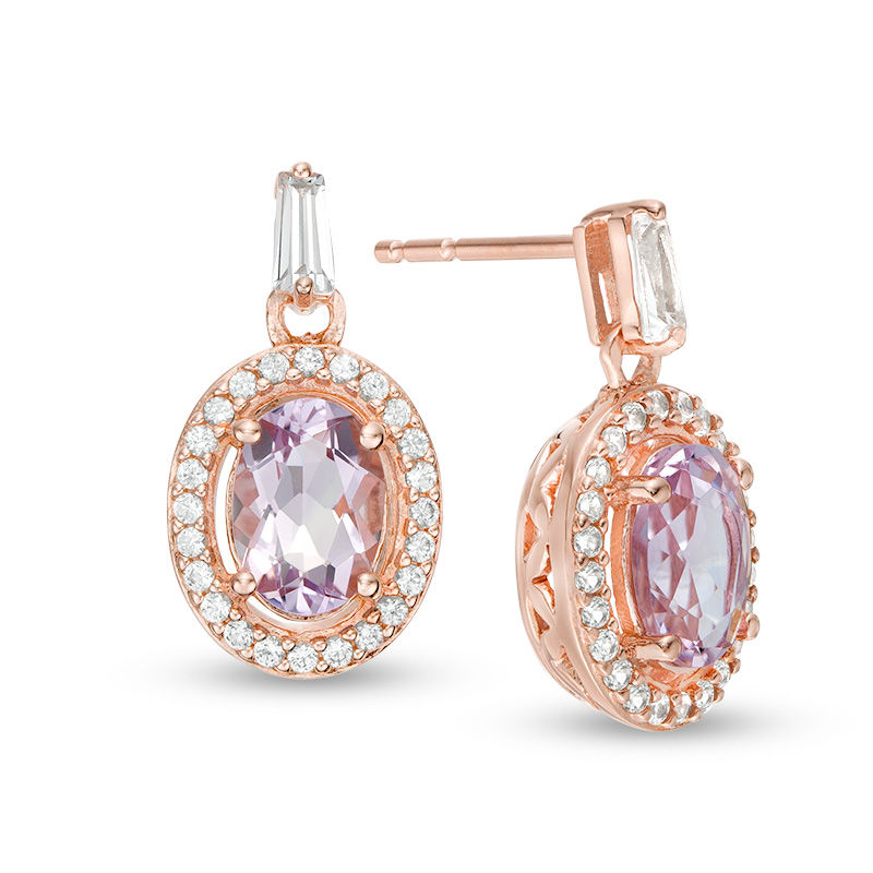 Oval Amethyst and Lab-Created White Sapphire Frame Drop Earrings in Sterling Silver with 18K Rose Gold Plate
