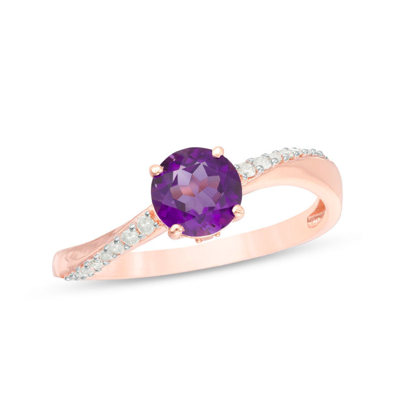 Main Image 1 of 6.0mm Amethyst and 1/10 CT. T.W. Diamond Swirl Shank Ring in 10K Rose Gold