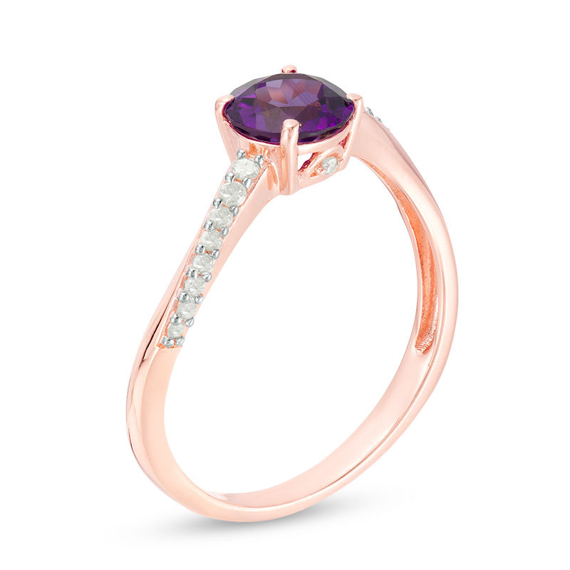 Main Image 2 of 6.0mm Amethyst and 1/10 CT. T.W. Diamond Swirl Shank Ring in 10K Rose Gold
