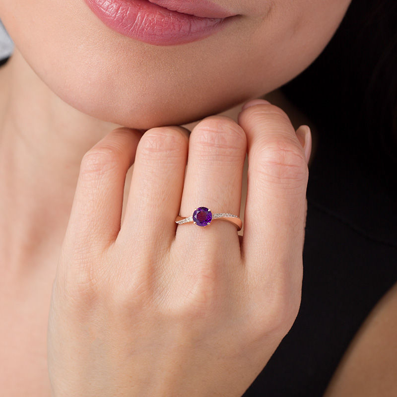 Main Image 3 of 6.0mm Amethyst and 1/10 CT. T.W. Diamond Swirl Shank Ring in 10K Rose Gold