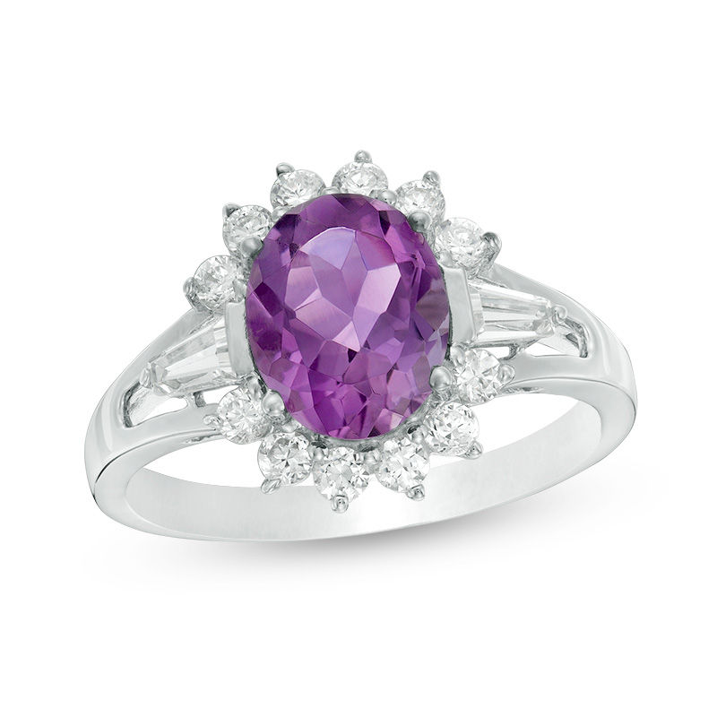 Main Image 1 of Oval Amethyst and Lab-Created White Sapphire Starburst Frame Split Shank Ring in Sterling Silver