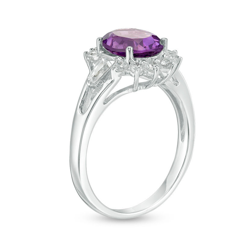 Oval Amethyst and Lab-Created White Sapphire Starburst Frame Split Shank Ring in Sterling Silver