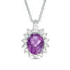 Thumbnail Image 1 of Oval Amethyst and Lab-Created White Sapphire Starburst Frame Pendant in Sterling Silver