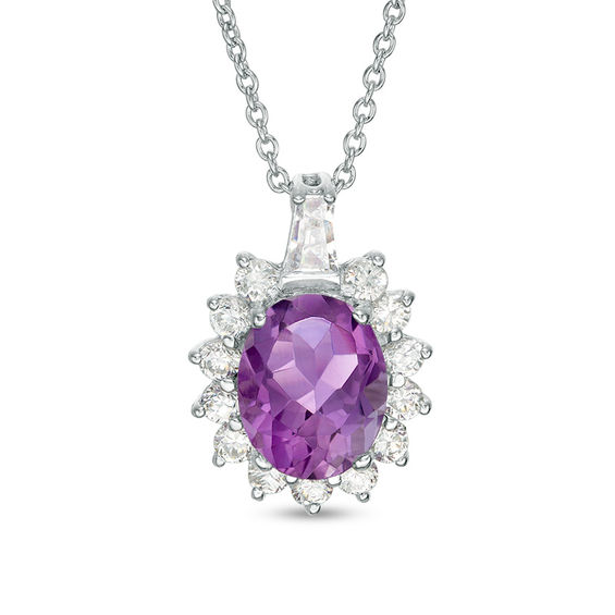 Oval Amethyst and Lab-Created White Sapphire Starburst Frame Pendant in Sterling Silver