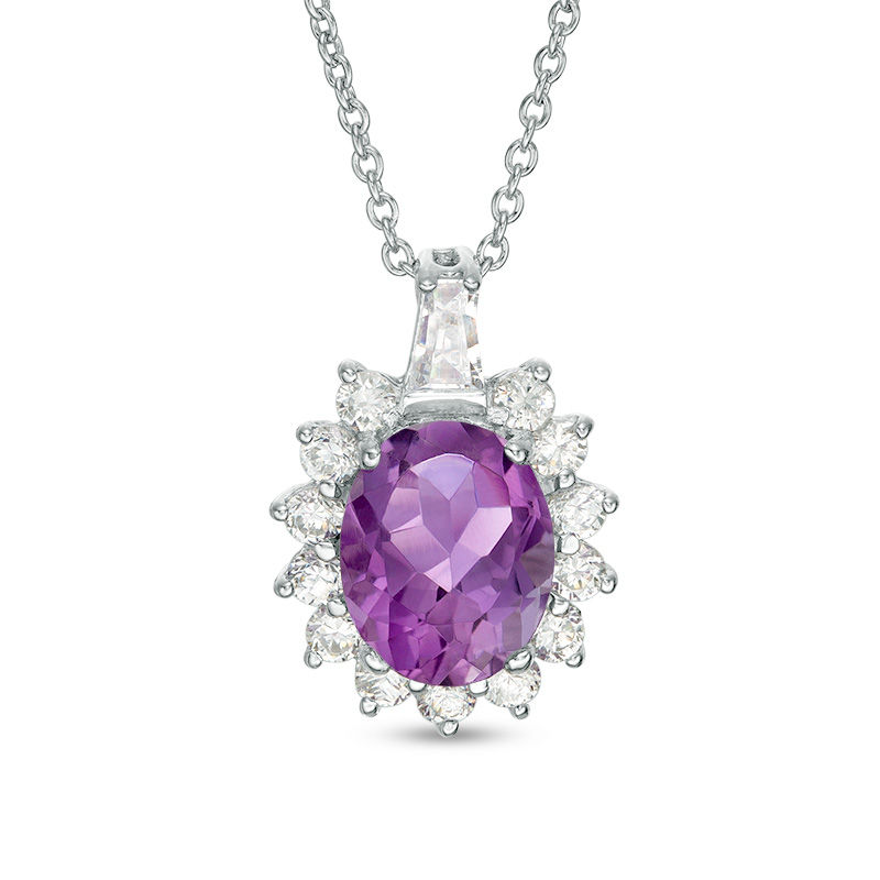 Main Image 1 of Oval Amethyst and Lab-Created White Sapphire Starburst Frame Pendant in Sterling Silver