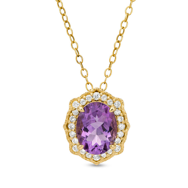 Main Image 1 of Oval Amethyst and 1/5 CT. T.W. Diamond Vintage-Style Frame Pendant in 10K Gold