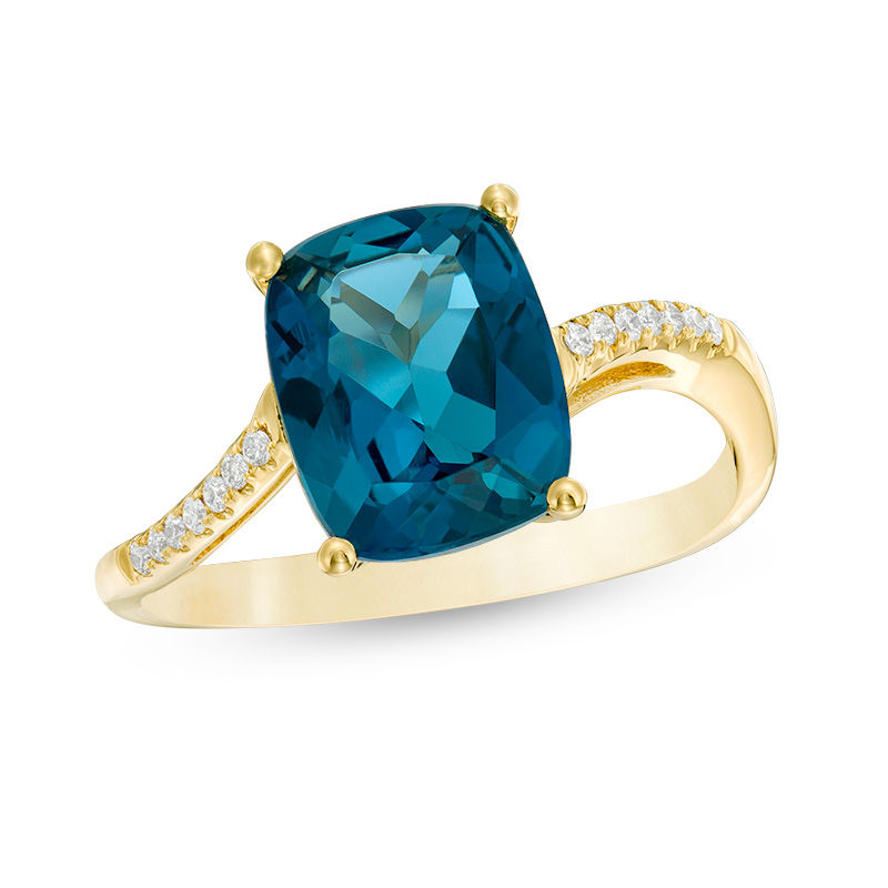 Main Image 1 of Cushion-Cut London Blue Topaz and 1/20 CT. T.W. Diamond Swirl Shank Ring in 10K Gold