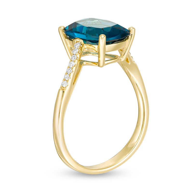 Main Image 2 of Cushion-Cut London Blue Topaz and 1/20 CT. T.W. Diamond Swirl Shank Ring in 10K Gold