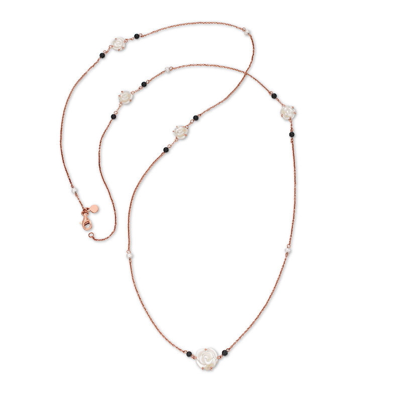 Main Image 1 of Mother-of-Pearl, Freshwater Cultured Pearl and Black Agate Necklace in Sterling Silver with 18K Rose Gold Plate-31.5"