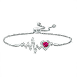 5.0mm Heart-Shaped Lab-Created Ruby and White Sapphire Frame Heartbeat Bolo Bracelet in Sterling Silver - 9.5&quot;