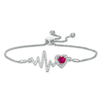 5.0mm Heart-Shaped Lab-Created Ruby and White Sapphire Frame Heartbeat Bolo Bracelet in Sterling Silver - 9.5