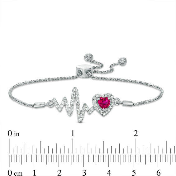 5.0mm Heart-Shaped Lab-Created Ruby and White Sapphire Frame Heartbeat Bolo Bracelet in Sterling Silver - 9.5"