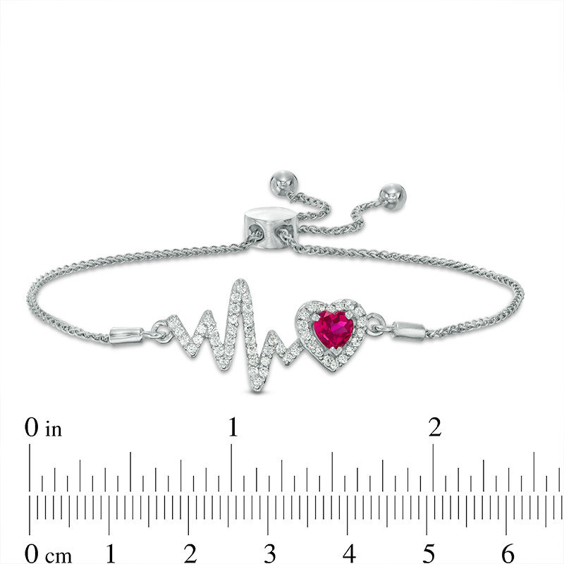 Main Image 2 of 5.0mm Heart-Shaped Lab-Created Ruby and White Sapphire Frame Heartbeat Bolo Bracelet in Sterling Silver - 9.5"