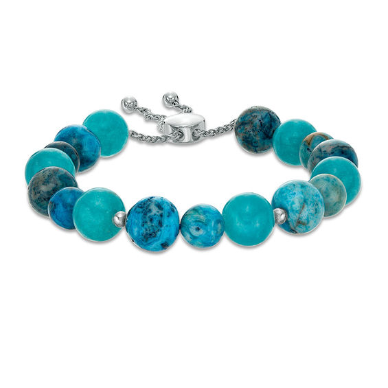 Blue Quartz and Agate Bead Bolo Bracelet in Sterling Silver - 9"