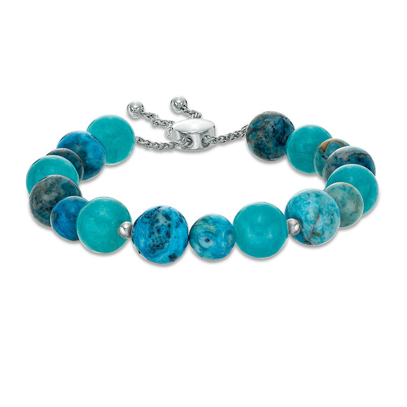 Main Image 1 of Blue Quartz and Agate Bead Bolo Bracelet in Sterling Silver - 9"