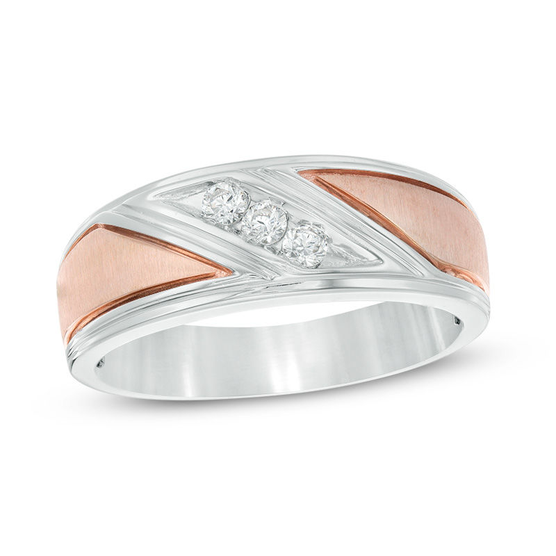 Main Image 1 of 1/8 CT. T.W. Diamond Three Stone Slant Wedding Band in 10K Two-Tone Gold