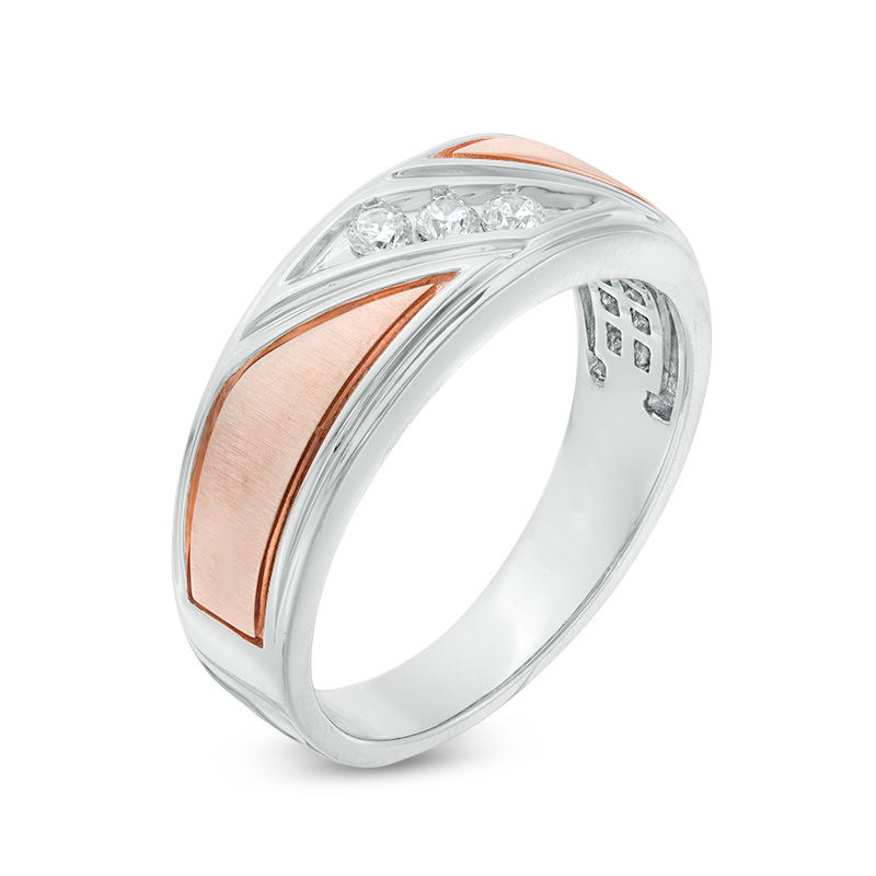 Main Image 2 of 1/8 CT. T.W. Diamond Three Stone Slant Wedding Band in 10K Two-Tone Gold