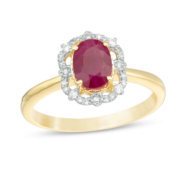 Oval Ruby and 1/10 CT. T.W. Diamond Frame Vintage-Style Ring in 10K ...