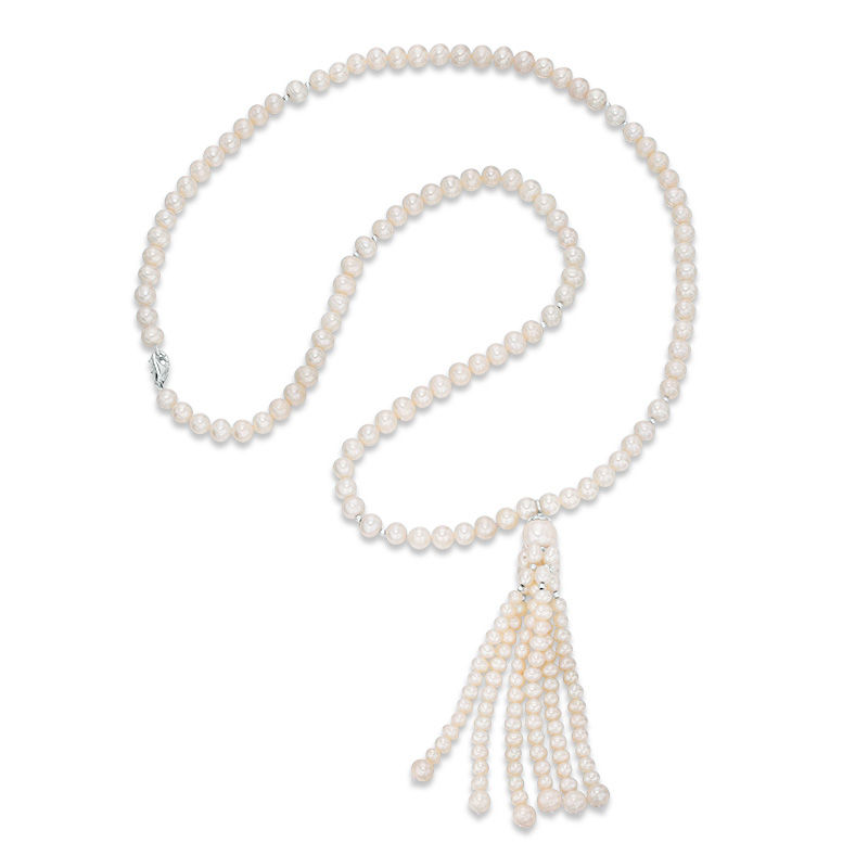 4 - 12.0mm Oval Cultured Freshwater Pearl Tassel Strand Necklace with Sterling Silver Accent Beads and Clasp - 30"
