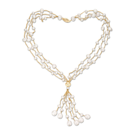 4.0-7.0mm Oval Freshwater Cultured Pearl Triple Gold Thread Tassel Necklace with 14K Gold Clasp-16.5"