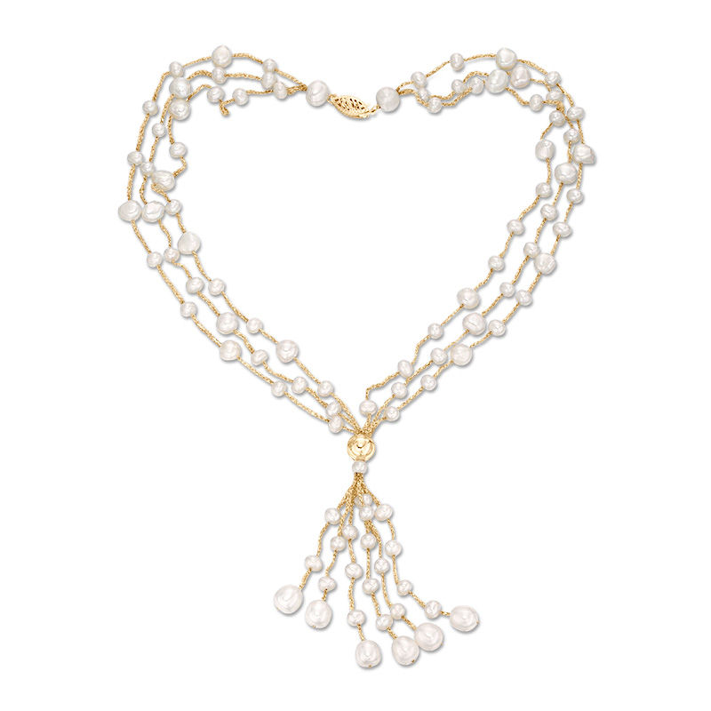Main Image 1 of 4.0-7.0mm Oval Freshwater Cultured Pearl Triple Gold Thread Tassel Necklace with 14K Gold Clasp-16.5"
