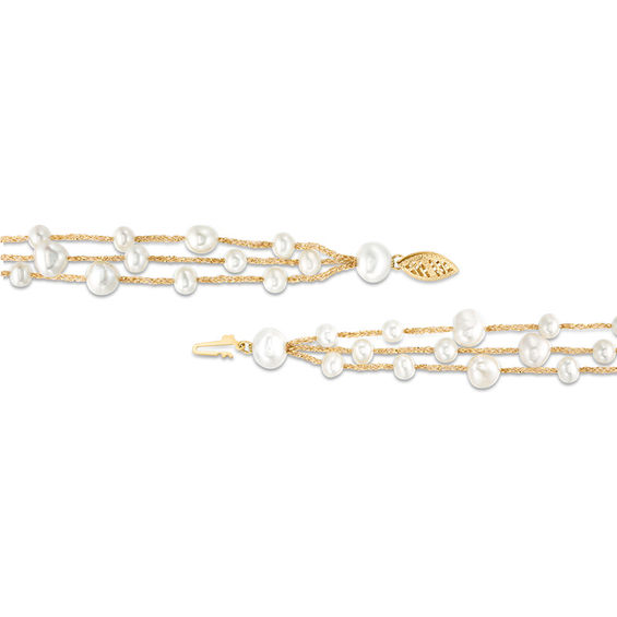 4.0-7.0mm Oval Freshwater Cultured Pearl Triple Gold Thread Tassel Necklace with 14K Gold Clasp-16.5"