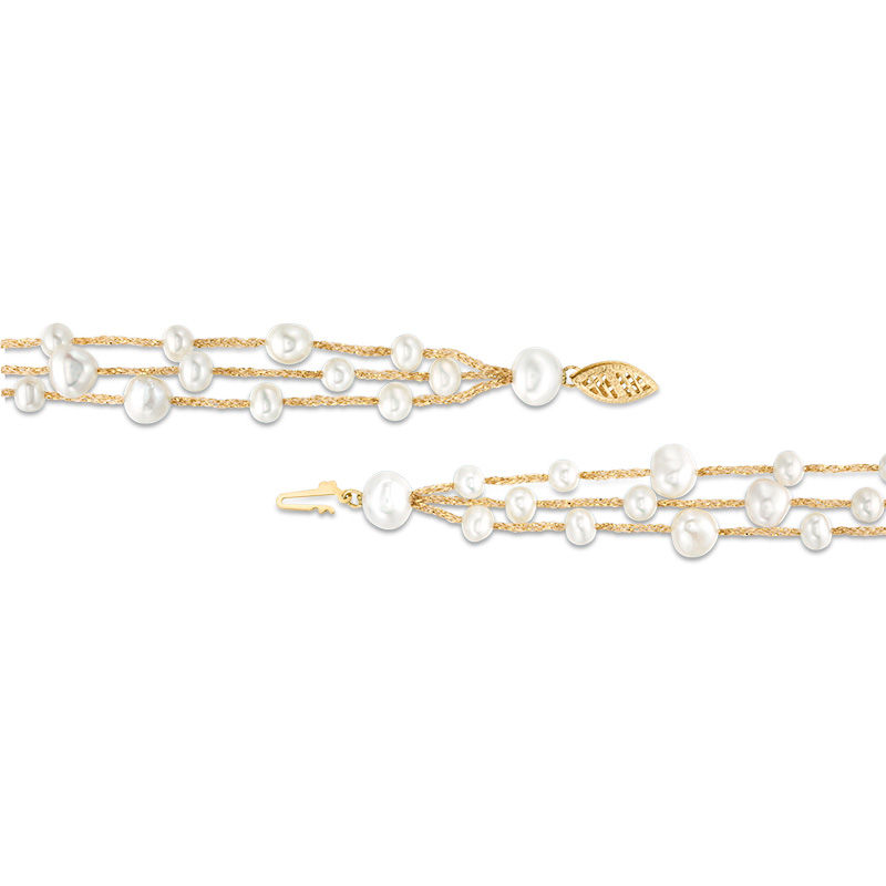 Main Image 2 of 4.0-7.0mm Oval Freshwater Cultured Pearl Triple Gold Thread Tassel Necklace with 14K Gold Clasp-16.5"