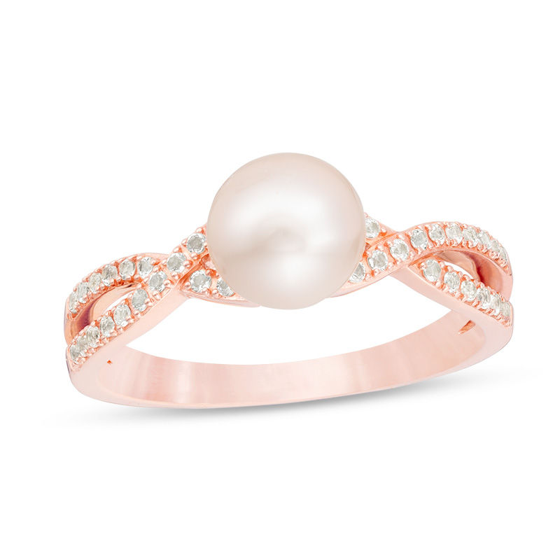Main Image 1 of 6.0-7.0mm Pink Freshwater Cultured Pearl and Lab-Created White Sapphire Twist Shank Ring in 10K Rose Gold