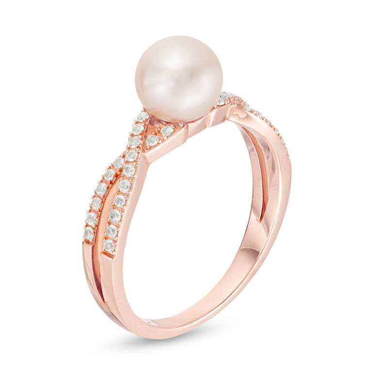 Main Image 2 of 6.0-7.0mm Pink Freshwater Cultured Pearl and Lab-Created White Sapphire Twist Shank Ring in 10K Rose Gold
