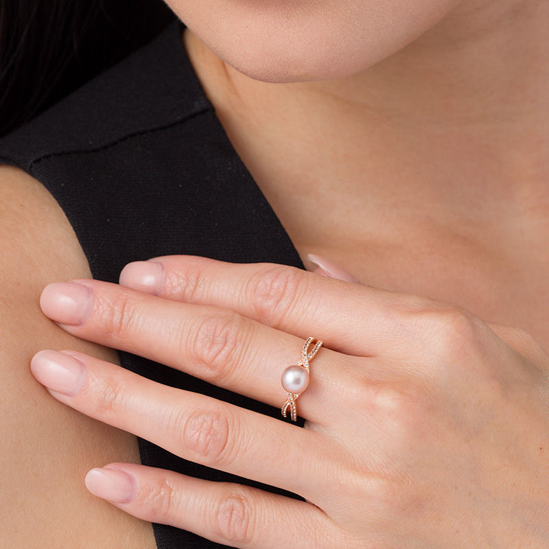 Main Image 3 of 6.0-7.0mm Pink Freshwater Cultured Pearl and Lab-Created White Sapphire Twist Shank Ring in 10K Rose Gold