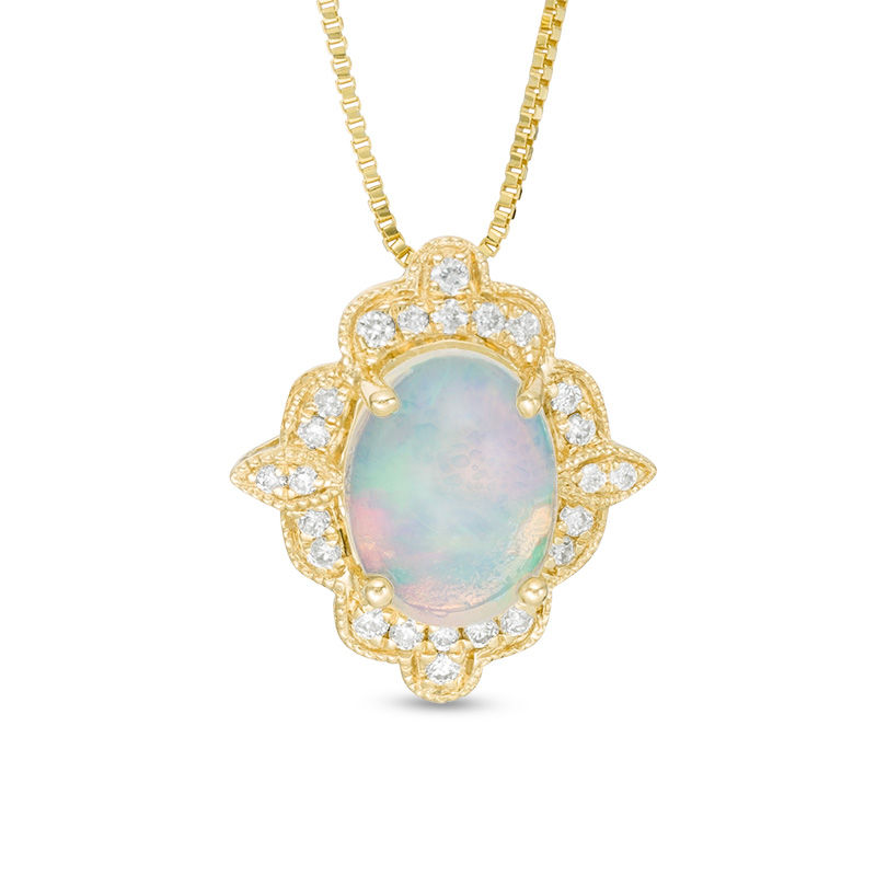 Main Image 1 of Oval Opal and 1/15 CT. T.W. Diamond Vintage-Style Frame Pendant in 10K Gold