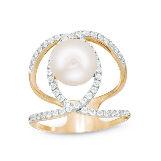 9.0-10.0mm Freshwater Cultured Pearl and Lab-Created White Sapphire Open Crossover Ring in Sterling Silver