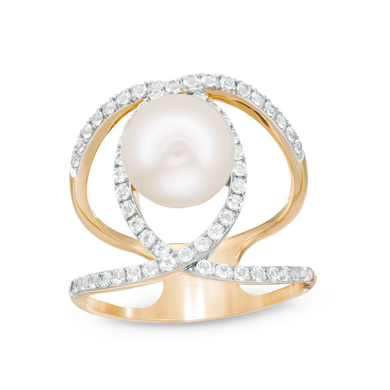 9.0 - 10.0mm Cultured Freshwater Pearl and Lab-Created White Sapphire Open Crossover Ring in Sterling Silver