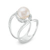 Thumbnail Image 1 of 9.0 - 10.0mm Cultured Freshwater Pearl and Lab-Created White Sapphire Open Crossover Ring in Sterling Silver