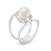 Thumbnail Image 2 of 9.0-10.0mm Freshwater Cultured Pearl and Lab-Created White Sapphire Open Crossover Ring in Sterling Silver