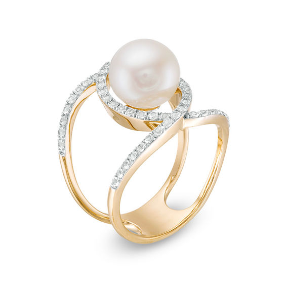 9.0 - 10.0mm Cultured Freshwater Pearl and Lab-Created White Sapphire Open Crossover Ring in Sterling Silver