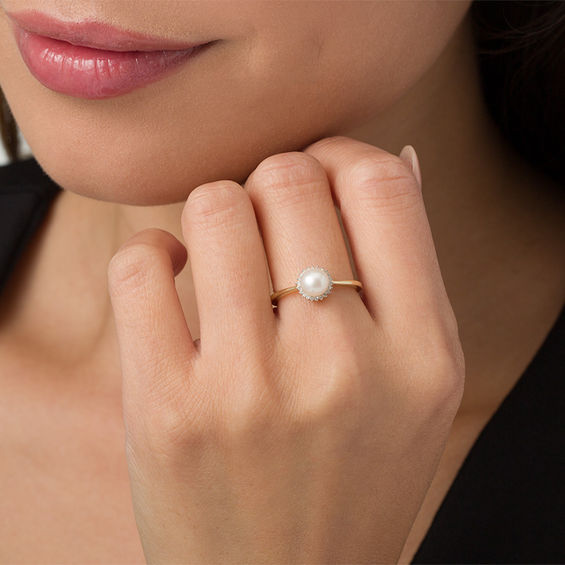 6.0mm Freshwater Cultured Pearl and 1/20 CT. T.w. Diamond Sunburst Frame Ring in 10K Gold