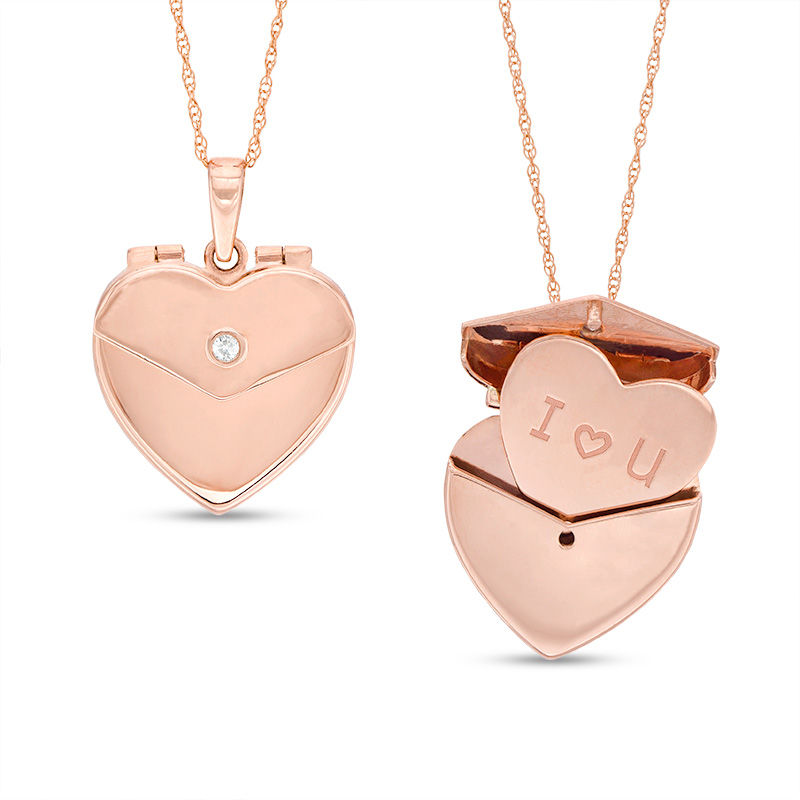 Main Image 1 of Diamond Accent Solitaire Heart-Shaped Envelope Locket with "I heart U" Insert in 10K Rose Gold