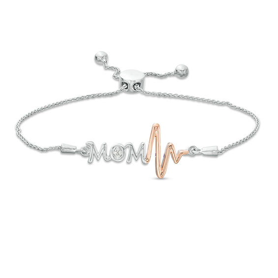 Diamond Accent Mom and Heartbeat Bolo Bracelet in Sterling Silver and 10K Rose Gold - 9.5"