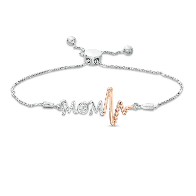 Main Image 1 of Diamond Accent "MOM" and Heartbeat Bolo Bracelet in Sterling Silver and 10K Rose Gold - 9.5"
