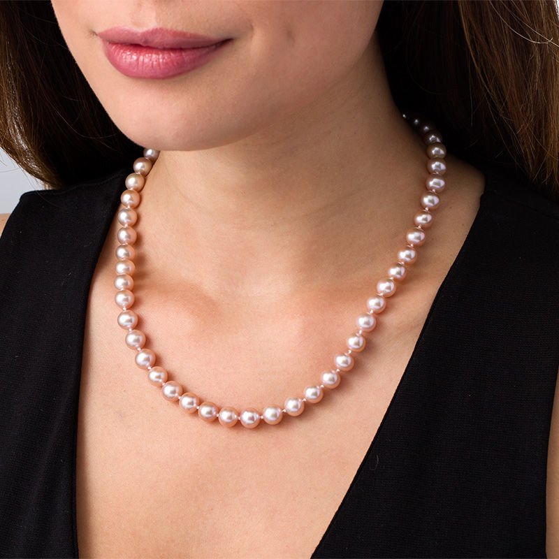 Main Image 2 of 8.0-9.0mm Dyed Pink Freshwater Cultured Pearl Strand Necklace with 14K Gold Clasp