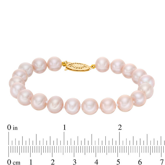 8.0-9.0mm Dyed Pink Freshwater Cultured Pearl Strand Bracelet with 14K Gold Clasp-7.5"